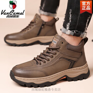 西域骆驼男鞋冬季2026新款真皮休闲男款加绒保暖棉鞋子防滑耐磨户外登山鞋 卡其色-系带【加绒款】 3858 41 【皮鞋尺码】