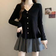 秋伊梵2026春季新款纯色V领荷叶边单排扣毛衣加大码时尚气质显瘦针织衫 黑色 2XL