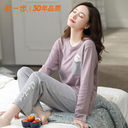 新一步（XINYIBU）女士春秋100%纯棉透气长袖长裤圆领猫咪简约宽松可外穿家居服套装 1152-丁香灰【店长推荐】 L 建议160-165cm，100-115斤