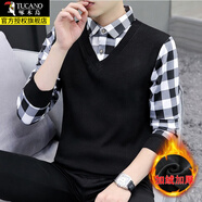 啄木鸟加绒加厚男士假两件秋冬季保暖毛衣针织衫潮流百搭打底衫衬衫长袖 黑白格 加绒 L
