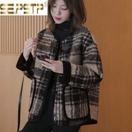 皮尔卡丹格子圈圈绒2025外套春秋新款羊羔毛时尚香风宽松加绒加厚上衣 黑色 M 建议85-100斤