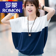 罗蒙（ROMON）高端上衣夏季韩版大码女装宽松蝙蝠衫学生女士短袖恤胖夏装体恤 白蓝色 XL