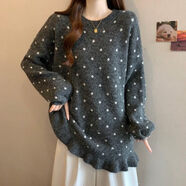 NYIG新年好看红色毛衣大码女装胖mm冬季荷叶边下摆宽松长款针织衫上衣 灰色毛衣【别致甜辣很仙女法式甜辣风纯欲法式甜辣】 XL 【120-140斤】