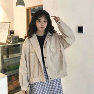 AEMAPE春装外套女长袖2026春秋新款韩版灯芯绒薄款西装夹克短款宽松上衣 杏色 M