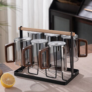 玻璃杯套装家用客厅耐高温绿茶杯大容量带把水杯6祇待客喝水杯子 烟灰木柄杯460ml/6祇+杯架(沥水更方便)