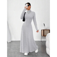 欧美秋冬款女装气质修身高领时尚纯色坑条磨毛长袖连衣裙子女 浅灰色 L