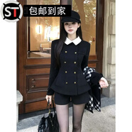 山头林村厚黑美学套装厚黑美学撞色穿搭千金英伦风双排扣设计翻领拼接毛呢 百搭黑色短裤 S