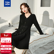 唐狮2025秋冬女V领单排扣收腰中长款毛衣裙 黑色 M
