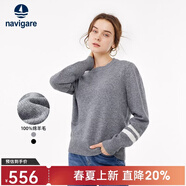 Navigare意大利小帆船纯羊毛衫女士秋冬款保暖毛衣圆领针织衫内搭打底衫 烟灰 L