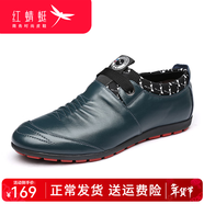 红蜻蜓男鞋新款真牛皮英伦商务休闲单皮鞋圆头舒适爸爸鞋 绿色系带 37 偏大一码