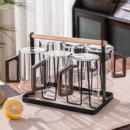 玻璃杯套装家用客厅耐高温绿茶杯大容量带把水杯6祇待客喝水杯子 透明木柄杯300ml/6祇+杯架(沥水更方便)