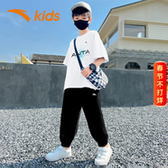 安踏童装大童运动套装男童新款夏季儿童T袖夏装短袖长裤两件套男 白黑3 165 cm