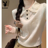 花花公子（PLAYBOY）miu系麻花泡泡袖提花针织衫长袖女早春秋娃娃领修身短款内搭上衣 杏色 M (90-105斤)