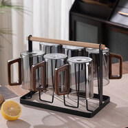 玻璃杯套装家用客厅耐高温绿茶杯大容量带把水杯6祇待客喝水杯子 烟灰木柄杯300ml/6祇+杯架(沥水更方便)