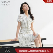 熙然2025春夏新款复古法式温柔系带收腰波点雪纺连衣裙女中长裙 白底黑点 L