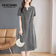 拉伦菲韵高端品牌 波点连衣裙女2026夏季新款宽松遮肚显瘦纯棉直筒t恤长裙 灰色 M 【90-115斤】