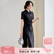 尚都比拉夏季通勤Polo裙腰短袖针织连衣裙女开叉A字裙 黑色142L54627