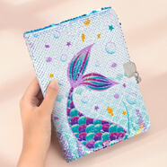 山头林村学生带锁笔记本初中生DY亮片记事本创意带锁手帐本少女心5儿童可爱密码本个性本子女生记事本文具 蓝色美人鱼送礼盒