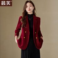 晨芙小香风西装外套女春秋高级感气质名媛小个子时尚洋气休闲毛呢西服 (常规)单件红色西装 L 建议105-115斤