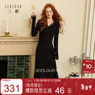 三彩2025冬季新款优雅蕾丝V领气质针织连衣裙收腰长裙长袖M