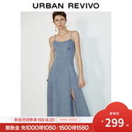 UR2025春季新款女装复古V领开衩吊带牛仔连衣裙UWM850055 蓝色 S