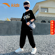 安踏童装大童运动套装男童新款夏季儿童T袖夏装短袖长裤两件套男 黑黑2 165 cm