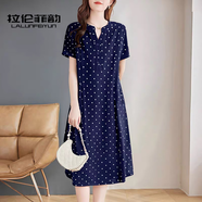 拉伦菲韵高端品牌 波点连衣裙女2026夏季新款宽松遮肚显瘦纯棉直筒t恤长裙 宝蓝色 M 【90-115斤】