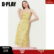 DPLAY2025夏装黄色连衣裙女海边度假吊带沙滩裙多巴胺印花长裙 黄调晕染鸢尾 M