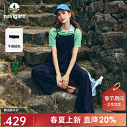 Navigare意大利小帆船水洗背带牛仔裤女2026春夏季新款不易褪色休闲阔腿裤 海军蓝 L