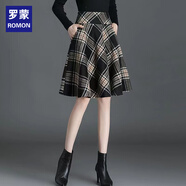 罗蒙（ROMON）格子半身裙女毛呢短裙秋冬新款高腰显瘦a字大摆伞裙配毛衣蓬蓬裙 黑色 L 105-115斤