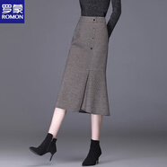 罗蒙（ROMON）格子半身裙女开叉包臀裙子中长款2026秋冬新款高腰加厚鱼尾裙气质 灰色格子 3XL