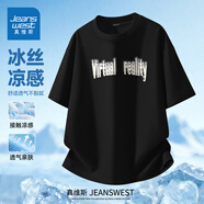 真维斯短袖T恤男夏季中国风冰丝圆领上衣文字复古凉感透气大码五分袖潮  黑色(z虚拟单词) M (170) (30天质量问题全额退)
