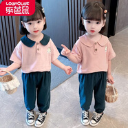乐芭鼠女宝宝套装夏装婴幼儿童装衣服洋气女童套装棉麻休闲时髦夏季1-7岁中小童小女孩短袖t桖裤子两件套 粉色色（绿色领） 80 建议9-12个月(身高70-80cm)