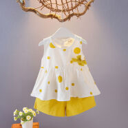 小猪球球 婴儿衣服夏季女童夏装连衣裙薄短袖两件套宝宝0-3岁女孩裙子 黄色点点短套 90码适合(78-85cm) (18-22斤)
