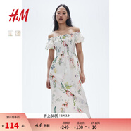 H&M女装花卉连衣裙春季花朵泡泡一字肩短袖植物印花长裙1230970 白色/花卉 XS 155/80
