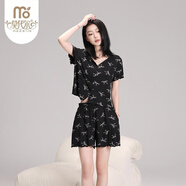 莫代尔超火睡衣女夏季薄款短袖短裤显瘦修身蝴蝶结可外穿家居服套装 黑色 M 适合80-100斤