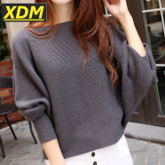 女韩版短款秋冬新款长袖套头一字领蝙蝠衫针织衫 碳灰色 均码