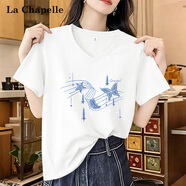拉夏贝尔（La Chapelle）日系V领纯棉短袖t恤女士2026新款夏宽松休闲显瘦遮肉百搭休闲上衣