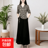 豹纹假两件显瘦连衣裙女薄款长袖女款裙子春夏妈妈装时尚V领收腰 杏色 2XL