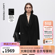 朗姿纯羊毛立领廓形修身长款毛呢外套通勤ol呢子大衣冬季新款 黑色 XL