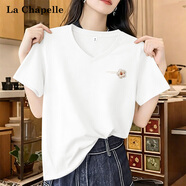 拉夏贝尔（La Chapelle）纯棉V领短袖t恤女款2026夏季小个子印花半袖体恤女正肩修身打底衫
