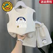 G.duck小黄鸭夏装男童背心套装小童宝宝夏天衣服儿童无袖短裤夏季两件套 杏色叮当猫（一套) 90 码（身高75-85cm）