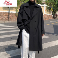 安初夏中长款风衣男士休闲套装春秋季过膝宽松大衣男生痞帅穿搭潮牌外套 黑色【单件外套】 3XL