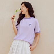 茵曼凉感撞色绣花女装正肩短袖t恤2026夏季新品打底衬衫上衣 淡紫色 L