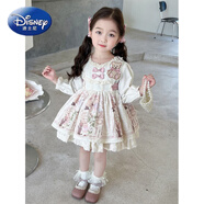 迪士尼（Disney）韩版女童洋气休闲春秋季连衣裙2026女宝宝外穿长袖洛丽塔公主裙潮 米白色 90 cm (建议80-90cm 1-2周岁)
