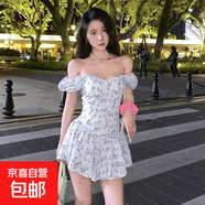 2026超仙温柔风碎花连衣裙泡泡袖小清新方领短袖裙新款气质短裙 蓝色 L
