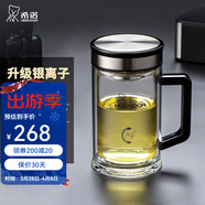 希诺（heenoor）双层抗菌玻璃杯男女士高档商务办公泡茶杯大容量水杯加厚隔热杯子 带手柄-420ml-镜面杯盖 银离子抗菌版+礼盒装+带滤网