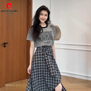 皮尔卡丹（pierre cardin）2026新款今年流行半身裙女新款韩版不规则开叉格子中长裙裤子 灰色上衣 M