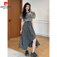 皮尔卡丹（pierre cardin）2026新款今年流行半身裙女新款韩版不规则开叉格子中长裙裤子 灰色上衣+半身裙两件套 XL