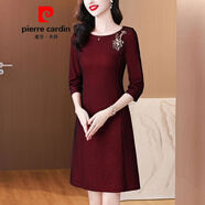 皮尔卡丹（pierre cardin）轻奢感绣花连衣裙女2026春季新款气质镶钻钉珠修身显瘦中长裙 酒红色七分袖 XL 【建议115-125斤以内】